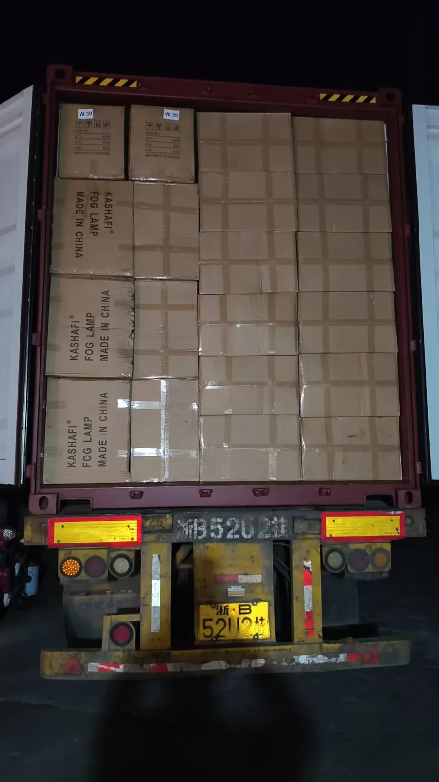 Completed container load photographed at night